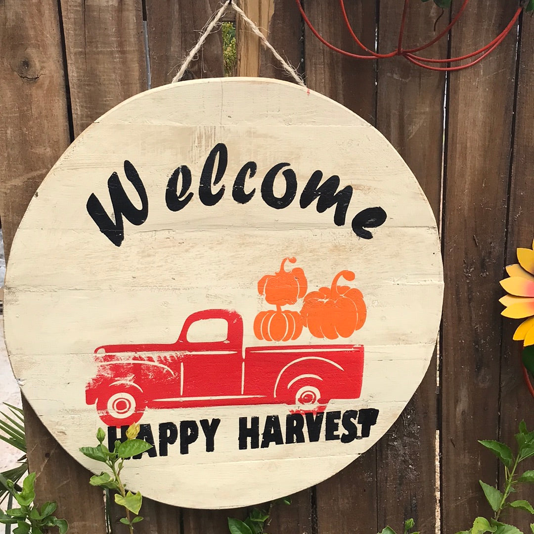 Wood welcome harvest sign