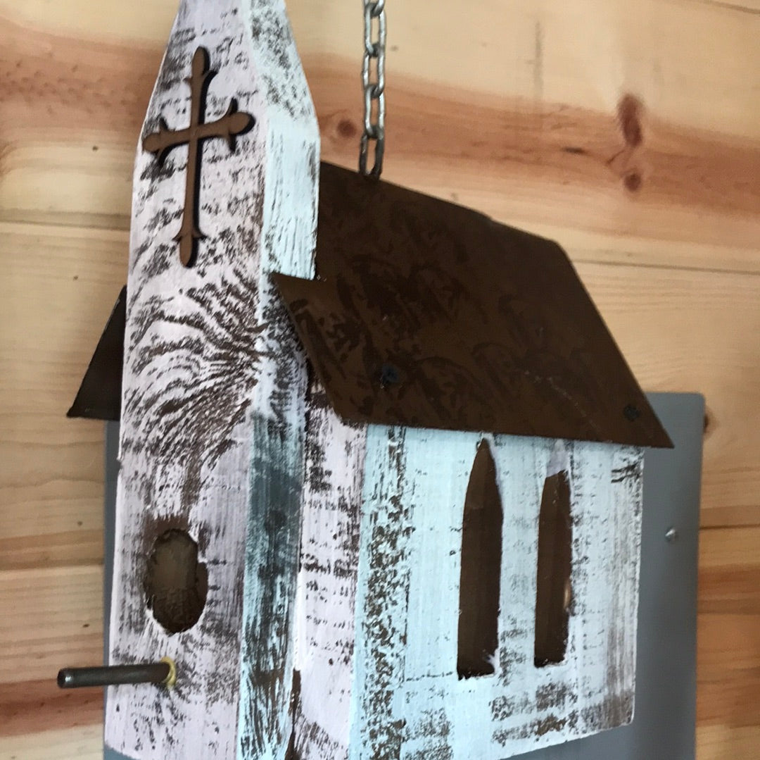 Hanging wood church birdhouse w/ metal roof